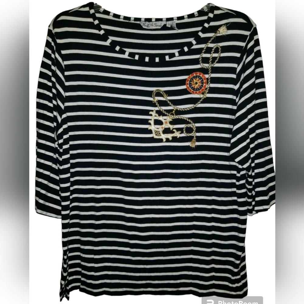 Needle & Thread Top Size L Nautical Black White Stripe  3/4 Sleeve